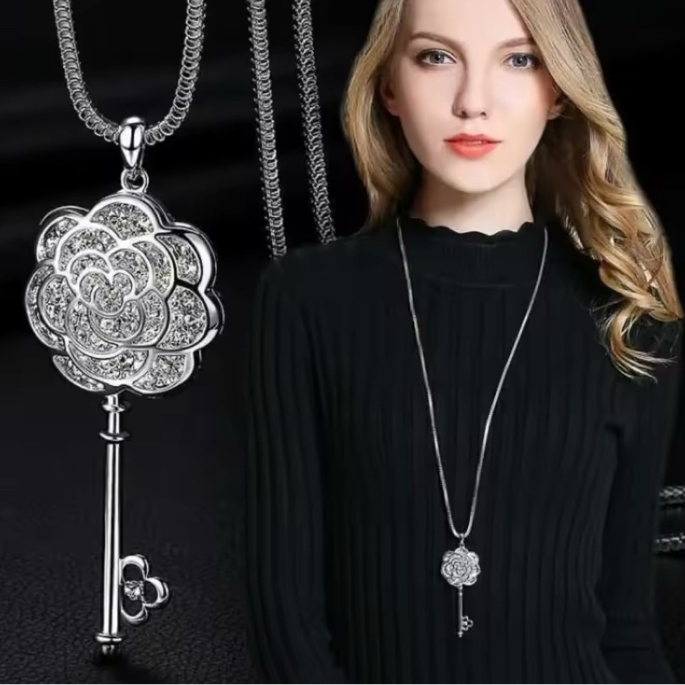 925 Sterling Silver Camellia Blossom Key Long Chain Necklace w/ Zircon Accents - Picture 2 of 11